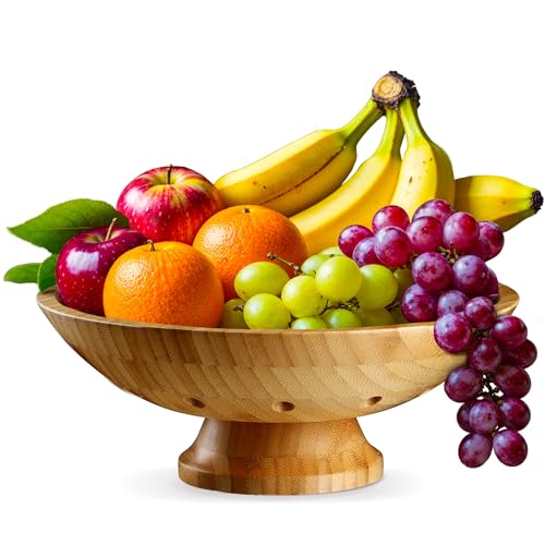Wooden Fruit Bowl for Kitchen Counter, Bamboo Pedestal Fruit Basket, Vented - color: Bamboo