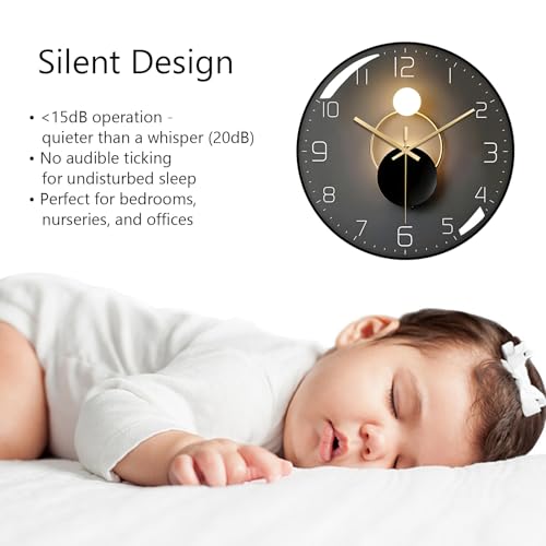 Wall Clock, 12 Inch Modern Wall Clock, Silent Non-Ticking Quartz Clock, Art Deco Clock with Large Numerals for Living Room, Bedroom, Classroom, Office (Black)