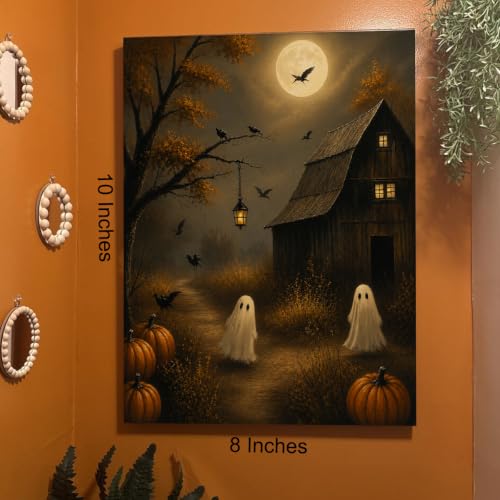 Halloween Wall Art Canvas Print Framed, Ghosts Pumpkins Barn Poster - color: T
