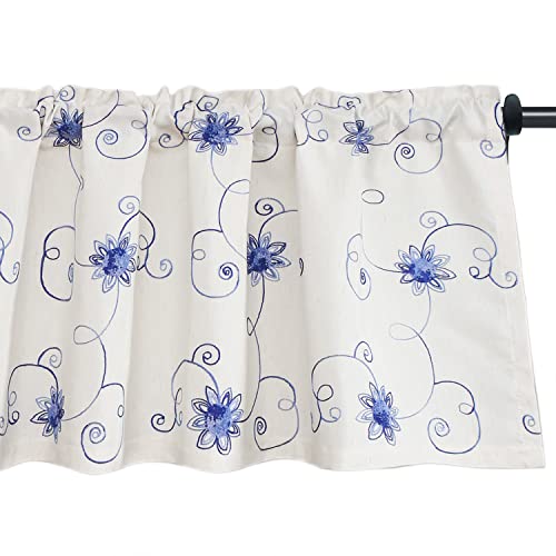 VOGOL Blue Flower Embroidered Kitchen Valance, 42 x 18 Inches - color: Hy-blue, size: 42"W x 18"L (Pack of 1)