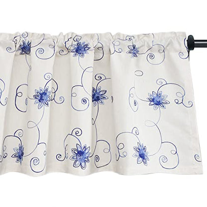 VOGOL Blue Flower Embroidered Kitchen Valance, 42 x 18 Inches - color: Hy-blue, size: 42"W x 18"L (Pack of 1)
