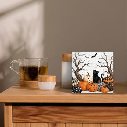 Halloween Black Cat Pumpkin Wood Box Sign Desk Decor 5X5 - color: Pumpkin Cat