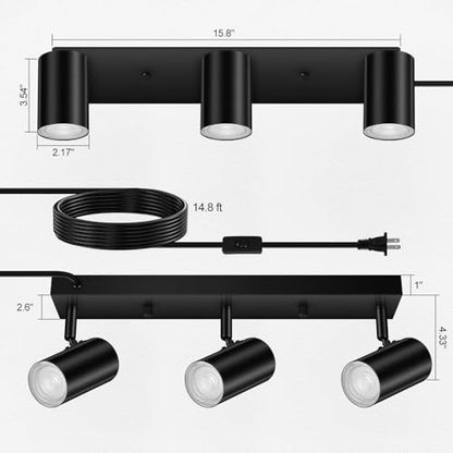 AUQUEE 3 Light Track Lighting Kit,Black 3 Way Modern Plug in Ceiling Spotlight,Industrial LED Wall Light for Kitchen Cabinet Gallery Bar Hallway Living Room,Rocker Switch,15 Foot Cord(No Bulb) | Track Light Fixtures Ceiling,Plug in Wall Lights with Cord,