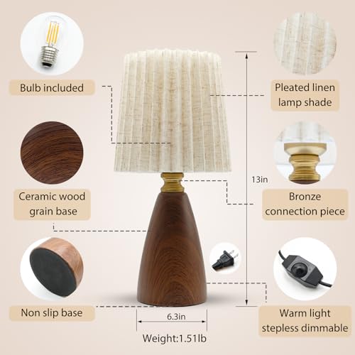 Small Pleated Table Lamp for Bedroom, Bedside Lamps for Nightstand, Dimmable Desk Lamp Ceramic Wood Grain Base Round Flaxen Fabric Shade for Living Room, Kids Room,LED Bulb Included(Art Deco) - style: Art Deco
