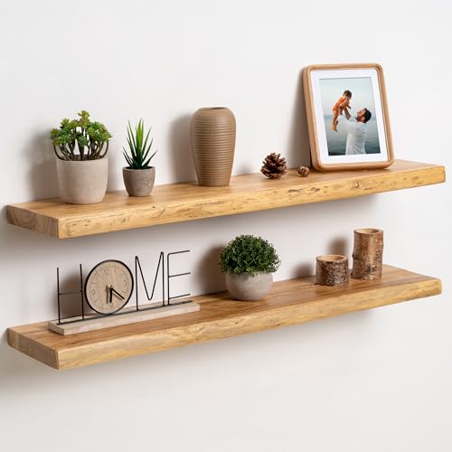 fuqing Live Edge Floating Shelves for Wall, 36 Inch Solid Elm Wood Shelves - color: Natural Elm Live Edge - 8"d, size: 36"L - 2Packs
