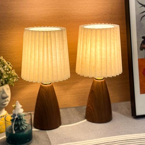 Small Pleated Table Lamp Set of 2 for Bedroom, Mini Bedside Lamps for Nightstand with Round Fabric Linen Shade, Dimmable Desk Lamp, Cute Table Lamps for Small Spaces for Living Room, Kids Room - style: 2 Art Deco