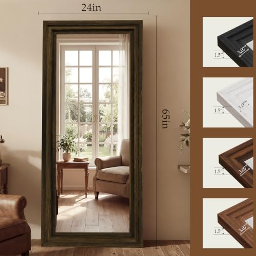 Wood Full Length Mirror 65"x24", Large Solid Wood Frame Floor Mirror - color: Walnut Wood, size: 65"L x 24"W