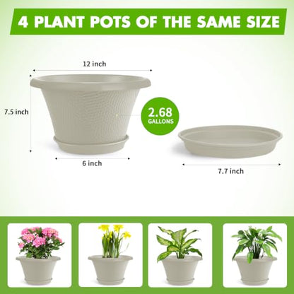 Quarut 12 Inch Pots for Plants,4 Pack Large Flower Pots with Drainage Hole - color: Diamond Pattern-beige, size: 12 inch-4 Pack