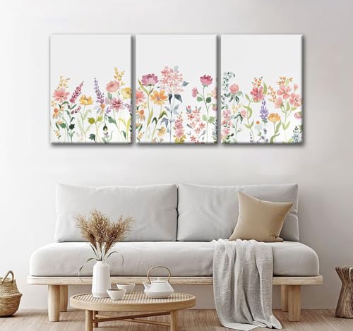 Watercolor Wildflower Canvas Wall Art, 3 Piece Gallery Wrapped Set, 12x16 - color: Plant flowers-1, size: 12x16 inch