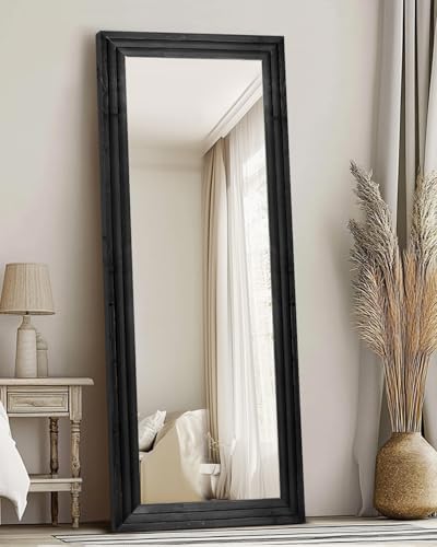 65x24in Full Length Mirror, 3-Tier Stepped Solid Wood Frame, Black - color: Black, size: 65"L x 24"W