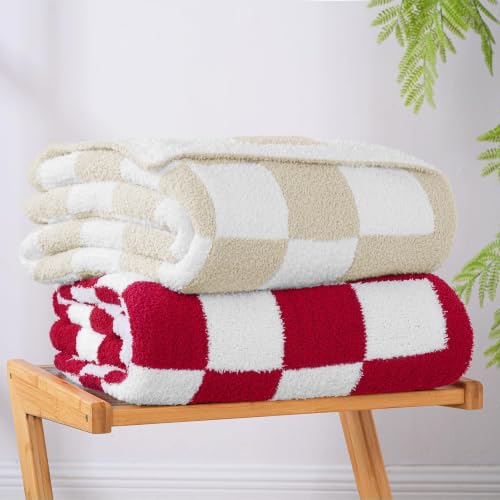 Exclusivo Mezcla Checkered Knit Throw Blanket for Couch, Khaki - color: Khaki, size: Throw (50"x60")
