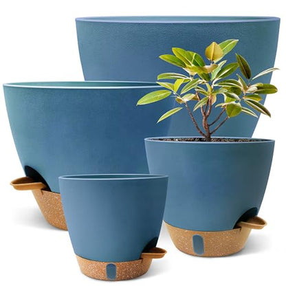 12/10/9/8 inch Self Watering Pots with Visual Water Window, Extra Large Self Watering Plant Pot with Drainage Holes and Saucers, Blue Flower Pots for Indoor Plants - color: Blue