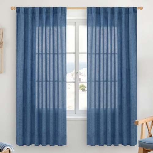 YoungsTex Blue Linen Semi Sheer Curtains for Living Room 52X72 Inch Length - color: Navy, size: 52"W x 72"L (Pack of 2)