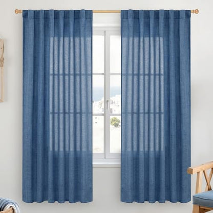 YoungsTex Blue Linen Semi Sheer Curtains for Living Room 52X72 Inch Length - color: Navy, size: 52"W x 72"L (Pack of 2)