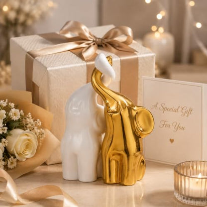 QINJIEJIE Golden Elephant Statue Figurines Loving Elephant Gift for Couples - color: Golden & White