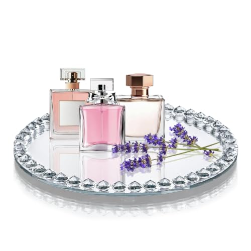 10" x 10" Round Vanity Tray, Crystal Perfume Mirror Tray Jewelry Trinket - color: Clear,round