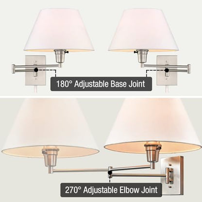 Kira Home Cambridge 15" Modern Swing Arm Wall Sconce with 3-Way Switch - color: Brushed Nickel,White Shade