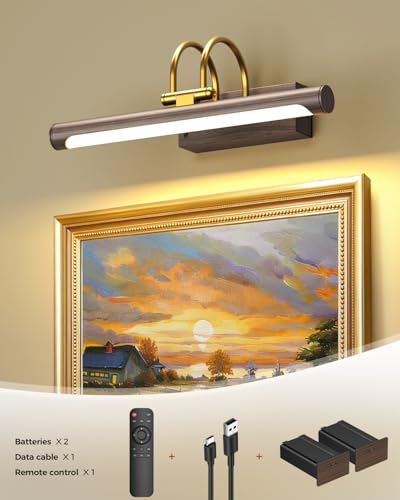 Picture Light, 12.6″ Wireless Battery Operated Rechargeable LED Wall Light with Remote, Dimmable Art Light with Timer, Adjustable Design, Wood Grain and Gold Finish for Frames and Bedroom Decor - color: Battery Operated-Wood Grain, size: 12.6 Inch