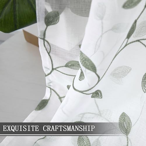Tollpiz Leaves Sheer Tier Curtain Sage Green Leaf Embroidery Kitchen Half Curtains Rod Pocket Voile Faux Linen Embroidered Leaves Curtain for Bathroom, 30 x 36 inches Long, Set of 2 Panels - color: Sage Green, size: 30"W x 36"L (Pack of 2)