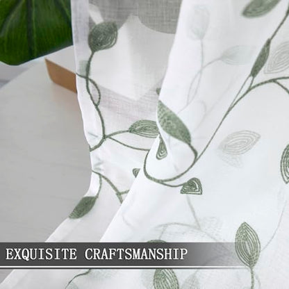 Tollpiz Leaves Sheer Tier Curtain Sage Green Leaf Embroidery Kitchen Half Curtains Rod Pocket Voile Faux Linen Embroidered Leaves Curtain for Bathroom, 30 x 36 inches Long, Set of 2 Panels - color: Sage Green, size: 30"W x 36"L (Pack of 2)