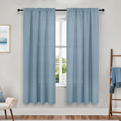 Rod Pocket Linen Blend Sheer Curtains for Living Room-Stone Blue-52 by 63 - color: Stone Blue, size: 52"W x 63"L (Pack of 2)