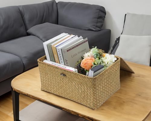 Seagrass Wicker Storage Basket with Lid, X-Large, Natural - color: Natural, size: 14.3" x 9.4" x 6.9"