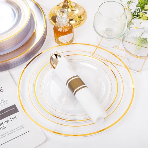 WELLIFE 350PCS Clear-Gold Plastic Plates - 100 Disposable Plates, 150Plastic Silverware, 50 Cups, 50 Napkins for Wedding & Party - color: Clear and Gold, style: 350PCS（50 Guests）