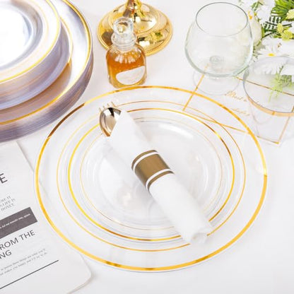 WELLIFE 350PCS Clear-Gold Plastic Plates - 100 Disposable Plates, 150Plastic Silverware, 50 Cups, 50 Napkins for Wedding & Party - color: Clear and Gold, style: 350PCS（50 Guests）