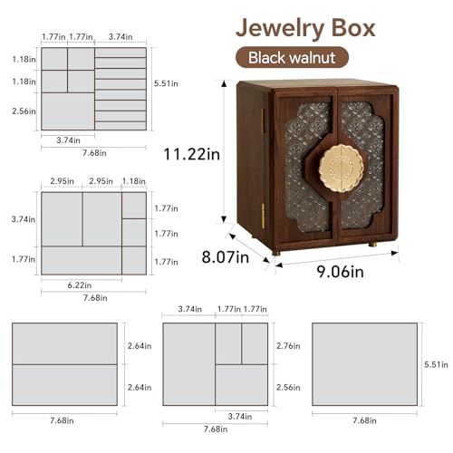 Black Walnut Wood Jewelry Box for Women, Large - size: Double doors