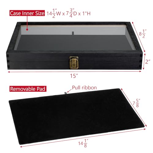 MOOCA Wooden Jewelry Display Case, Pocket Knife Display Case with Tempered Glass Top Lid and Removable Black Luxurious MDF Velvet Jewelry Pad, Black Color - color: 2) Black