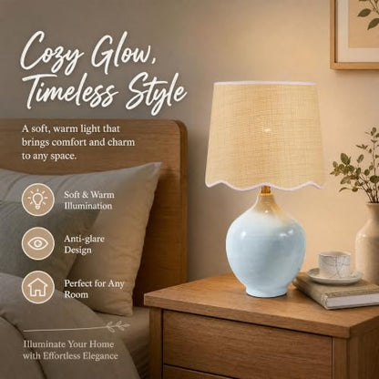 21"H Sky Blue Ceramic Table Lamp with Beige Faux Rattan Drum Shade - color: Sky Blue