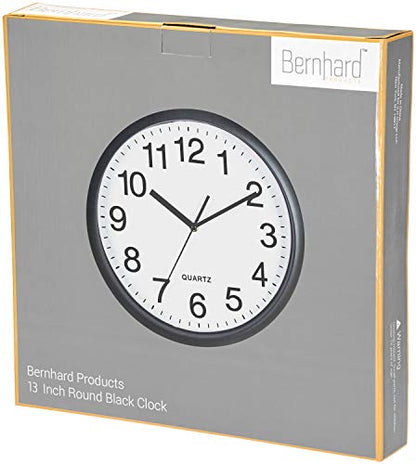 Bernhard Products Black Wall Clock, Large 13-Inch Silent Non Ticking Quartz Battery Operated Round Easy to Read Classroom/Home/School/Office Clock - size: 13 Inch