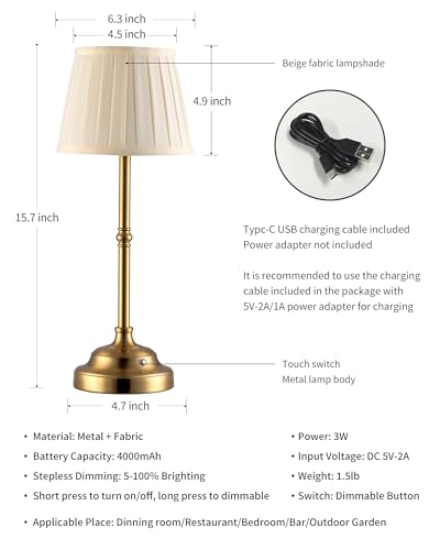 KDG Gold Cordless LED Table Lamps Set of 2, Beige Fabric Shade Desk Lamps - color: Gold + Beige Lampshade (2 Pack)