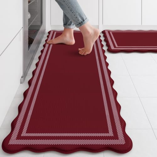 KIMODE Anti Fatigue Kitchen Mats, Christmas Decor Red Kitchen Runner Rugs - color: Burgundy, size: 17.3" x 47"+17.3" x 29"--0.47 inches
