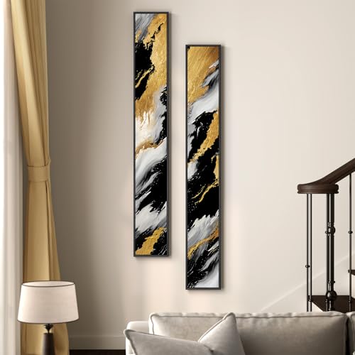 Large Framed Neutral Abstract Vertical Wall Art Decor for Hallway, 2 Piece - color: Black White Gold, size: 8"W x 56"H x 2Pcs