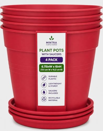 Mintra Garden Pots, 4 Pack Bulk Plastic Plant Pots with Drainage Tray, Round Indoor & Outdoor Decorative Planters with Drain Holes for Flowers, Herbs & Plants, 17cm Diameter – Coral, 6.6 in - color: Coral, size: 17cm Diameter (6.6in)