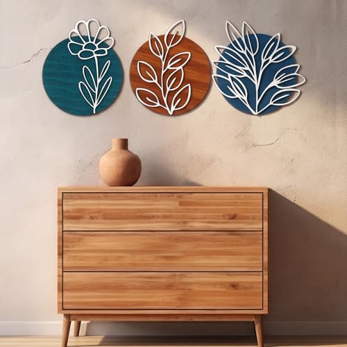 Wenqik Set of 3 Teal Style 3D Wood Metal Wall Art, Geometric Leaf - style: Teal Style