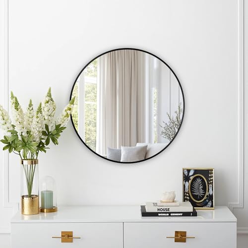 Round Mirror, Wall Mounted Circle Mirror-Brushed Metal Frame, 20", Black - color: Black, size: 20"L x 20"W