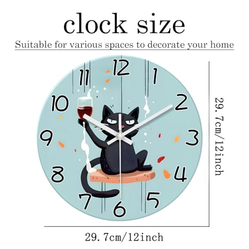 XNM Glass Analog Cat Wall Clock Battery Operated 12 Inch - color: Black, size: 12 Inch