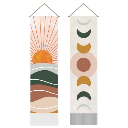 AHANDMAKER 2Pcs Boho Sun and Moon Tapestry, Moon Phase Long Vertical Tapestry Wall Hanging, Vintage Abstract Tassel Wall Aesthetic Tapestry for Bedroom and Living Room(45.7x13 Inch) - color: Abstract