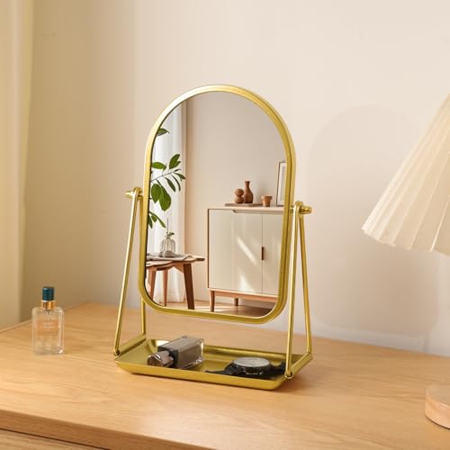 Desk Mirror, Arch Makeup Vanity Standing Mirror with Tray, Gold - color: Arched-gold