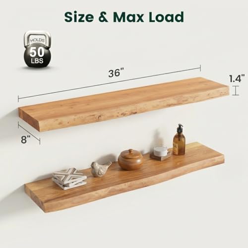 36in Live Edge Solid Elm Floating Shelves, Natural, Set of 2 - color: Natural Color, size: Live Edge 36 inch, 2Packs