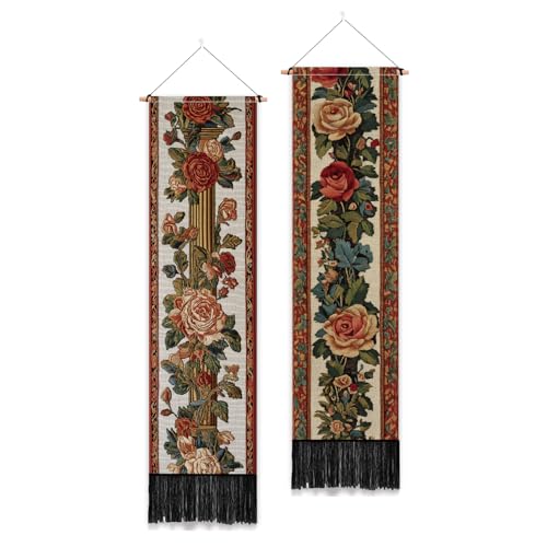 PLIGREAT 2 Pack Vintage Floral Tapestry with Tassels, 52" x 13" Rose Border Vine Aesthetic Wall Hanging Vertical Home Art Tapestry for Bedroom Living Room Bathroom Long Narrow Wall Hanging Art Decor - color: red,green