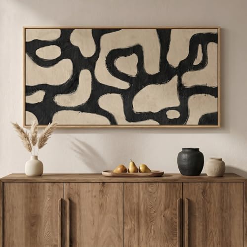 Large Framed Modern Abstract Horizontal Wall Art for Living Room, 60x30 In | Extra Large, Black and beige, Modern, Minimalist, Canvas artwork, Dining room decor, Bedroom art, Office decor, Ready to hang - color: Beige Black, size: 60"L x 30"W