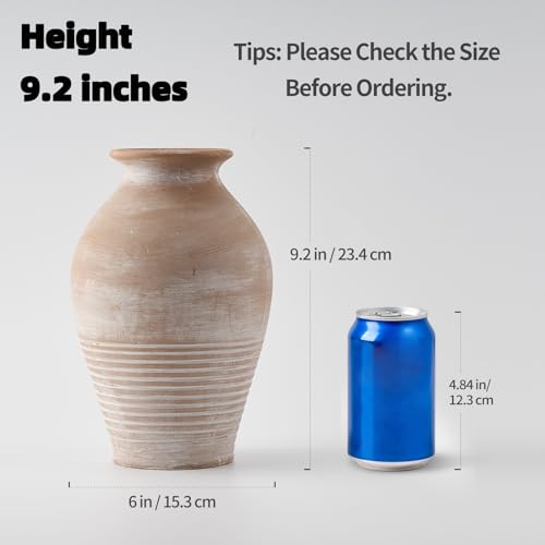 Ceramic Rustic Farmhouse Vase, 9.2 inch Whitewashed Terracotta Vase - color: Terracotta White
