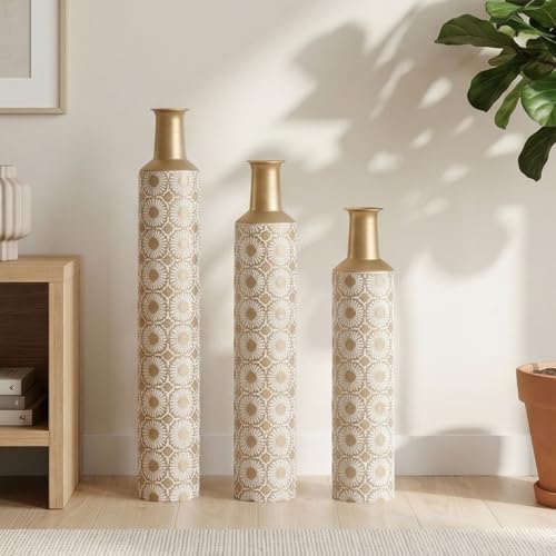 Metal Floor Vases with Embossed Leaf Pattern Set of 3, Tall Gold Decorative Vases for Living Room & Entryway, Large Modern Farmhouse Home Decor for Gold Geometric Floral