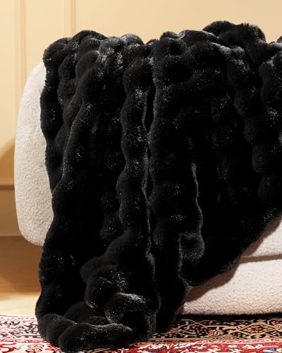 Ultra Soft Cozy Faux Fur Throw Blanket, Fuzzy Plush Thick Bubble Blanket, Luxury Fluffy Blanket for Couch, Sofa, Bedroom, and Living Room, 50x60 Inches, Black - color: Black, size: Throw(50" X 60")