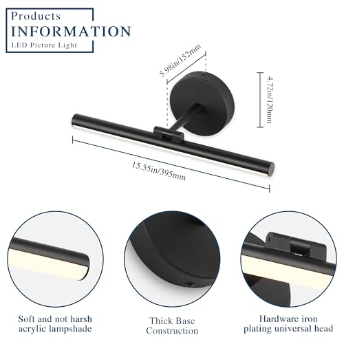 Hardwired Adjustable Lighting Matte Black Modern LED Picture Lights for Paintings 15.7'' Inch Long Swing Arm Metal Art Lights Warm White 3000K - color: Hard-Wired Black-round base, size: 15.7inch Dimmable
