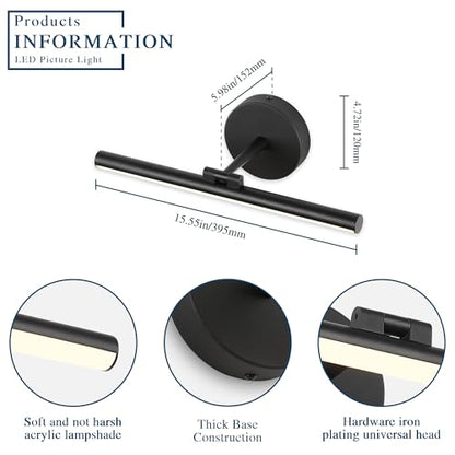 Hardwired Adjustable Lighting Matte Black Modern LED Picture Lights for Paintings 15.7'' Inch Long Swing Arm Metal Art Lights Warm White 3000K - color: Hard-Wired Black-round base, size: 15.7inch Dimmable