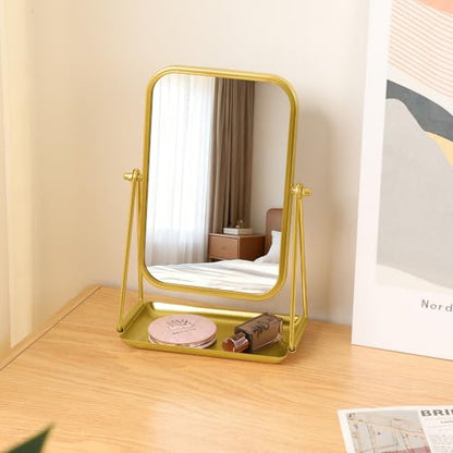 Gold Desk Mirror with Storage Rectangular Tabletop Vanity Mirror - color: Rectangular-gold